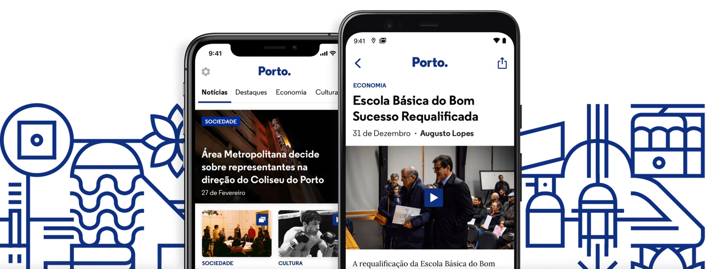 Porto mobile app screens on blue