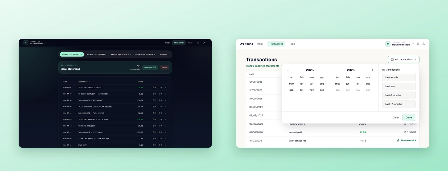 The first dark iteration beside the current transactions screen with the range filter open