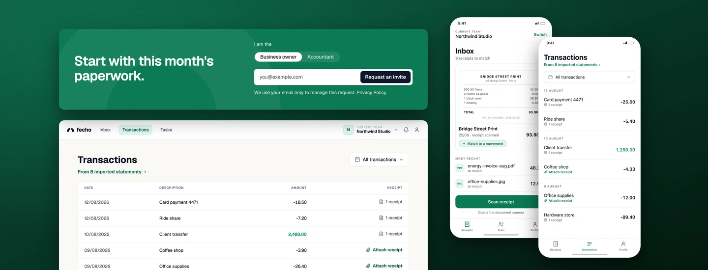 Fecho's document inbox, the range filter and the invite banner