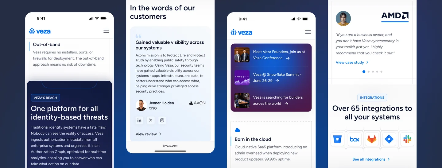 Veza mobile screens: customer quotes, product pages, and integrations