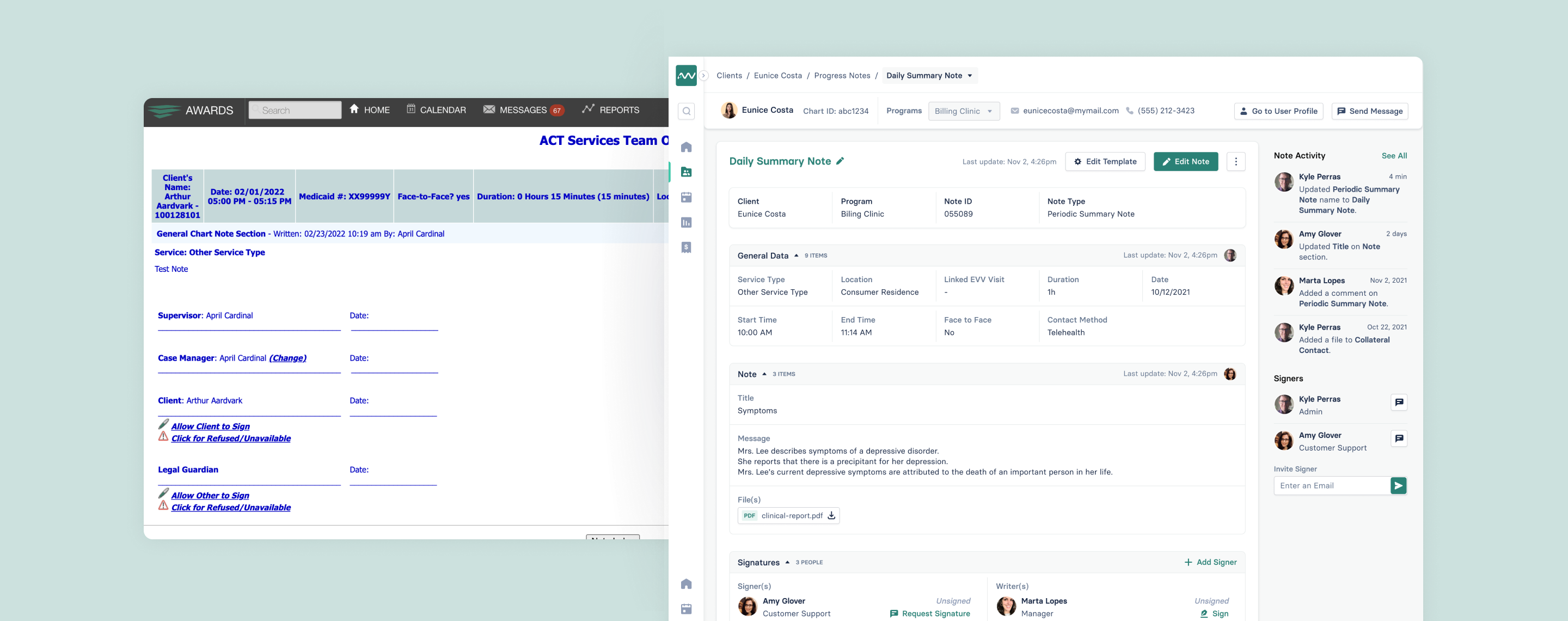 Progress notes screens, before and after the redesign