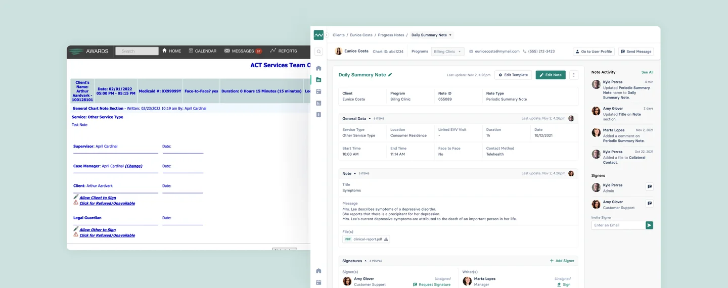 Progress notes screens, before and after the redesign