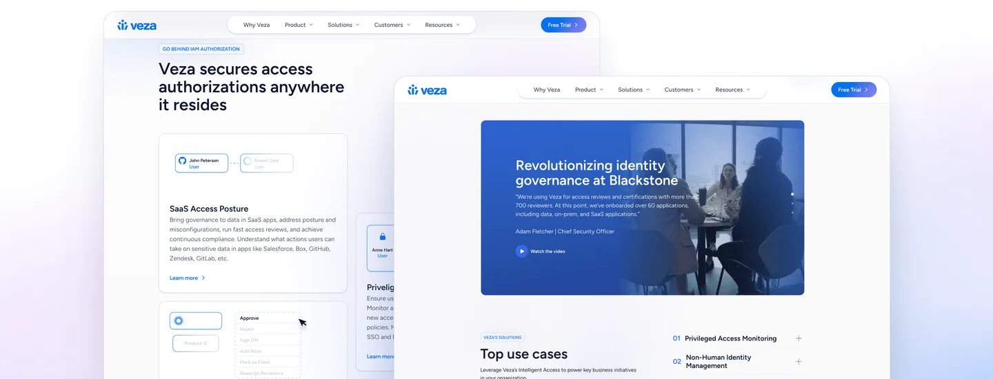 Final Veza website pages: access governance overview and top use cases