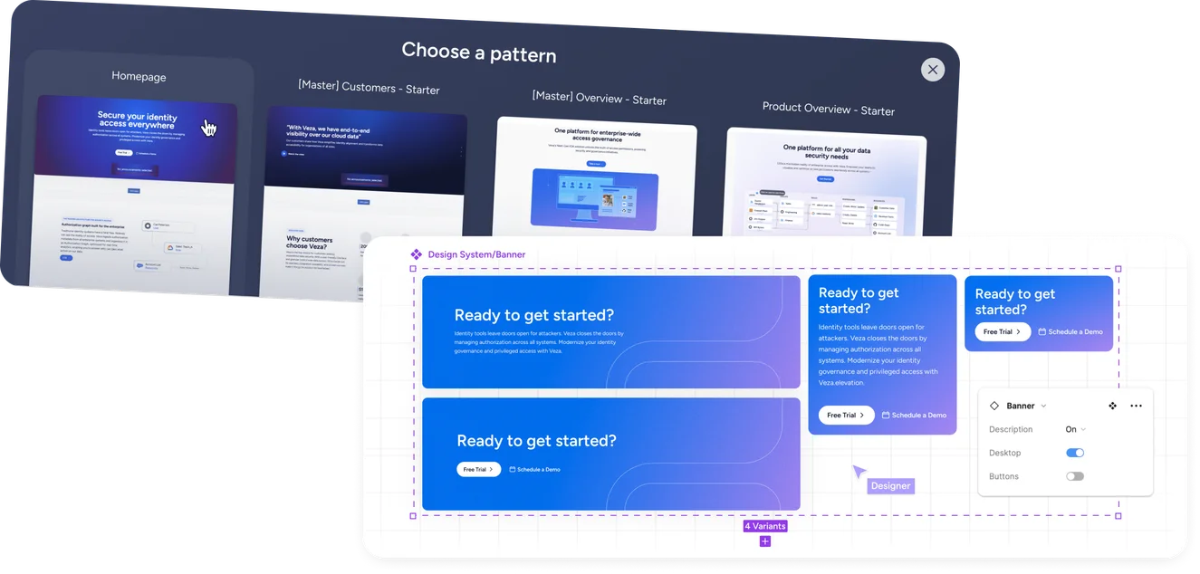 Banner component variations in the design system, with a pattern-picker overlay