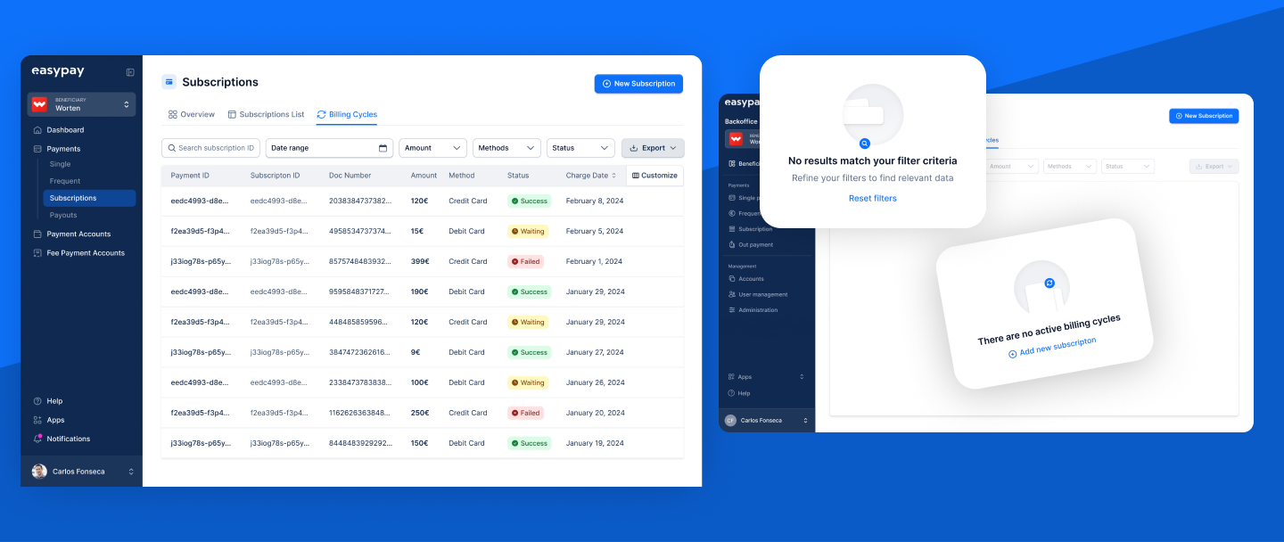 easypay back-office screens over a blue band