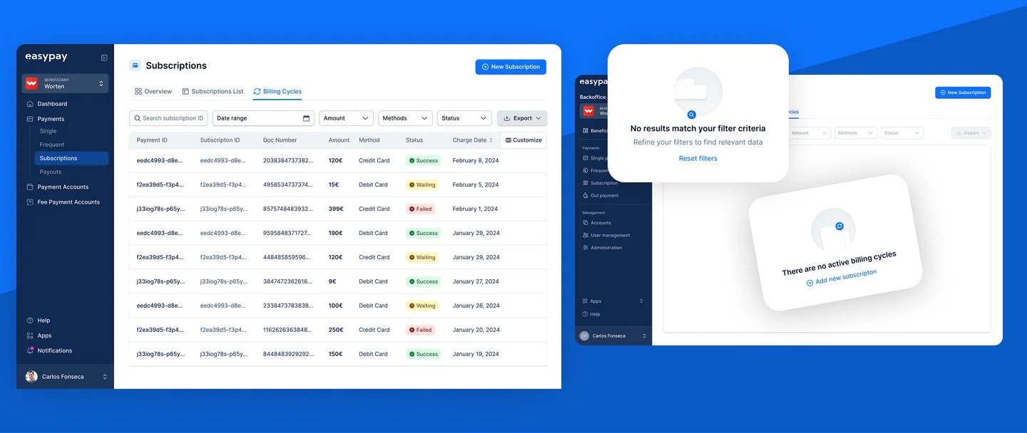 easypay back-office screens over a blue band