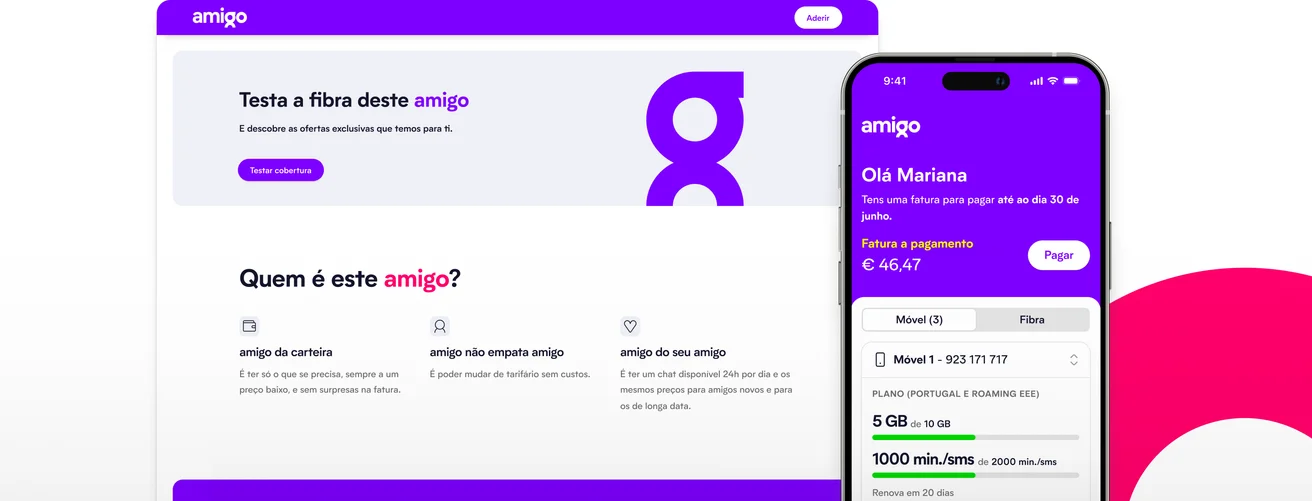 amigo website and app screens over a purple backdrop