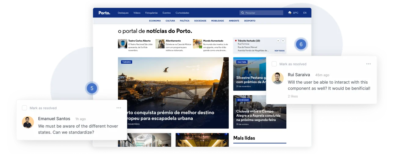 Porto.pt news portal screens over a blue backdrop