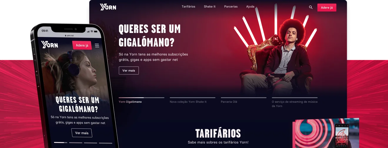 Yorn website screens over a red backdrop