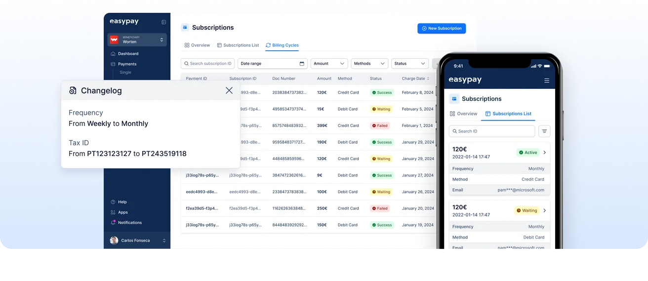 easypay dashboard screens over a blue gradient backdrop