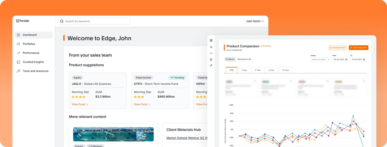 Portalis advisor dashboard on an orange backdrop