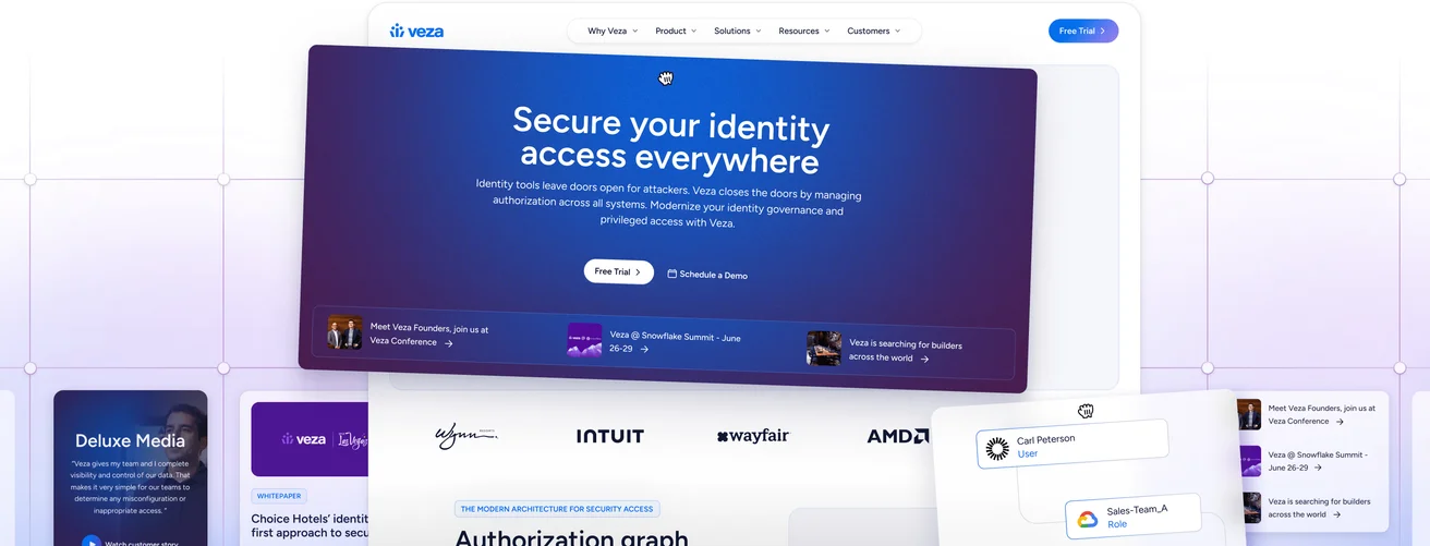 Collage of the redesigned Veza website: homepage hero, customer story, platform pages, and brand touchpoints