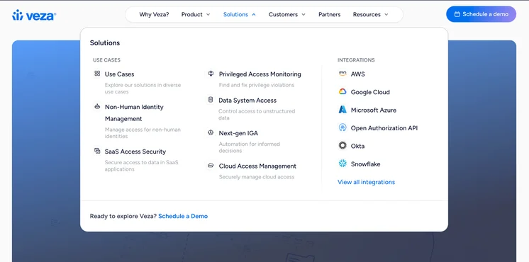 Veza solutions page with the revised navigation menu open