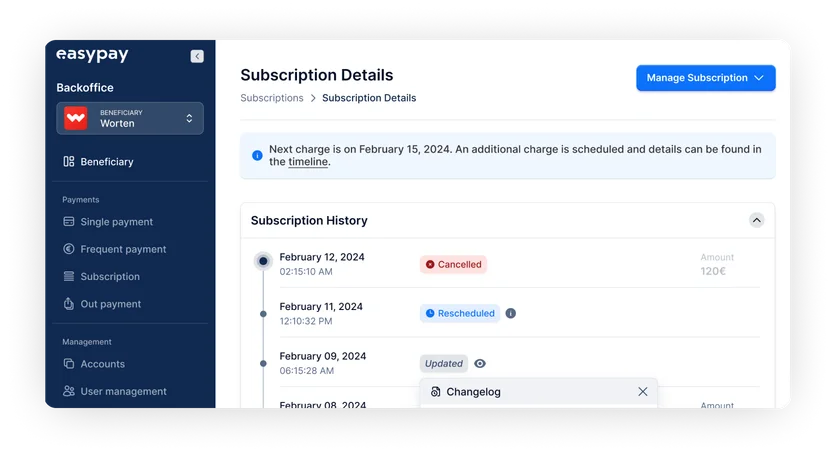 easypay subscription details page