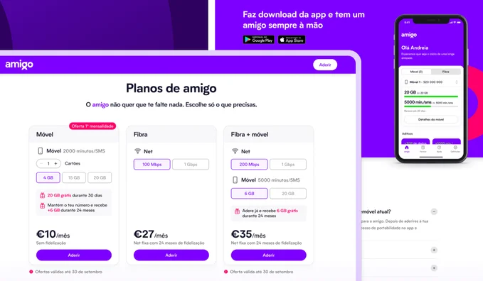amigo telecom plans page and mobile app on purple
