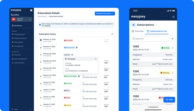 easypay subscription screens on blue