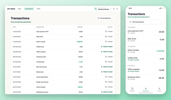Fecho transactions and inbox screens on green