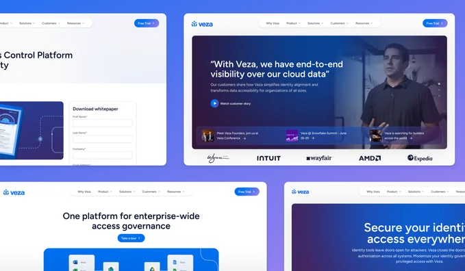 Veza marketing website screens over a navy backdrop