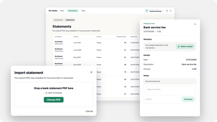 The statements page behind the import dialog and the transaction drawer