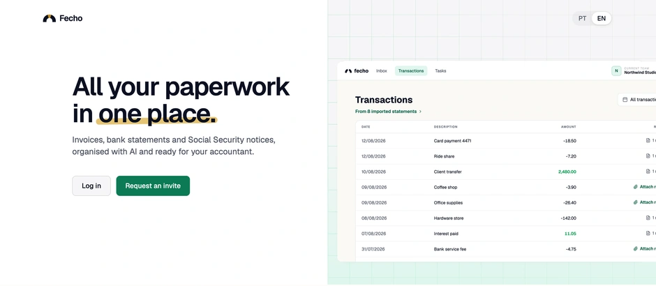 Fecho's landing page, with the transactions screen it is built from